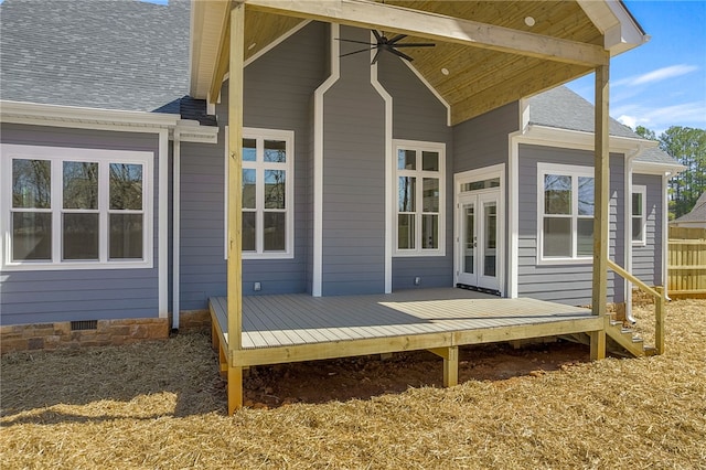 exterior space with french doors and ceiling fan