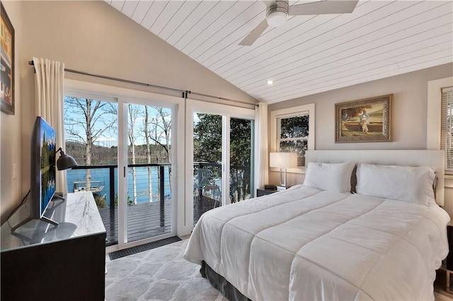 bedroom with wood ceiling, a ceiling fan, lofted ceiling, and access to outside