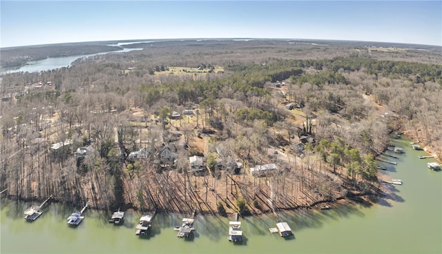 birds eye view of property featuring a forest view and a water view