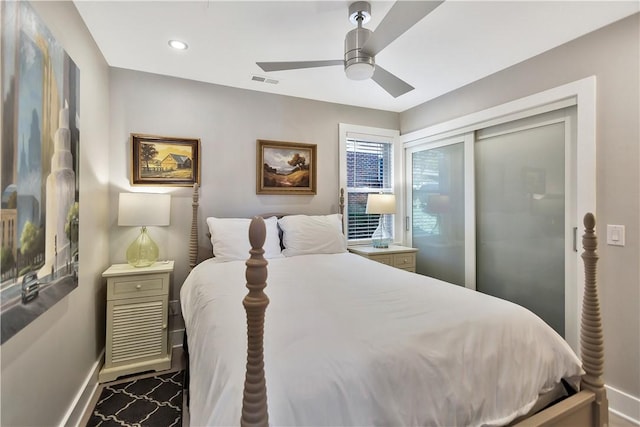 bedroom featuring a ceiling fan, baseboards, visible vents, recessed lighting, and a closet