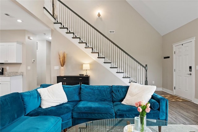 103 W Chestnut Cir, Central, SC 29630 - living area featuring high vaulted ceiling, stairs, and wood finished floors