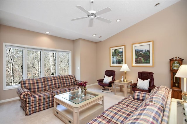 carpeted living area featuring recessed lighting, ceiling fan, baseboards, and vaulted ceiling