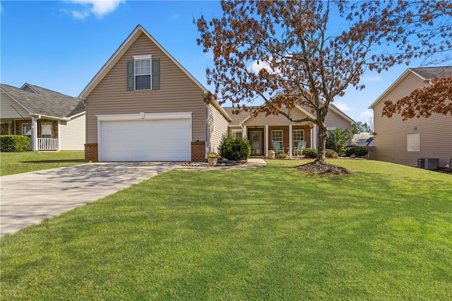 view of front of house featuring driveway, cooling unit, an attached garage, a front yard, and brick siding