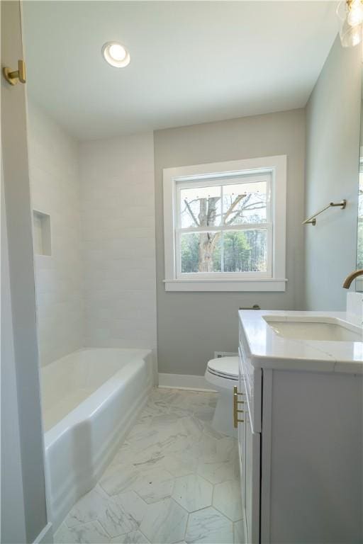 full bath with baseboards, toilet, recessed lighting, marble finish floor, and vanity