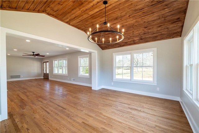 empty room with visible vents, lofted ceiling, wood finished floors, baseboards, and wood ceiling