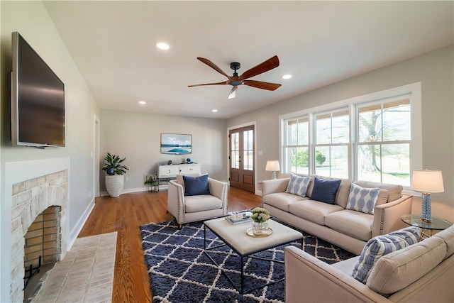 127 Old Shirley Rd, Central, SC 29630 - living area featuring ceiling fan, light wood finished floors, recessed lighting, and a brick fireplace