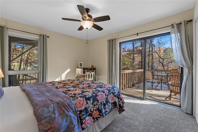 carpeted bedroom featuring multiple windows, ceiling fan, and access to outside