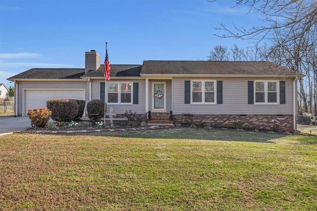 single story home with a garage, driveway, a front lawn, and a chimney