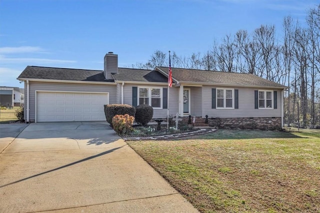 single story home featuring a chimney, driveway, a front yard, and a garage