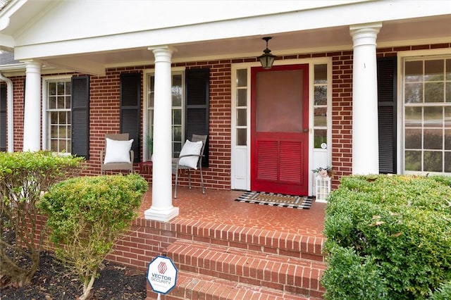 view of exterior entry with brick siding and covered porch