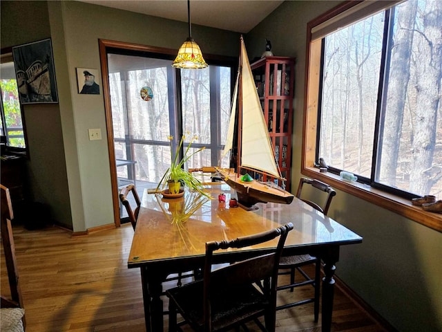 dining space featuring wood finished floors, baseboards, and a healthy amount of sunlight