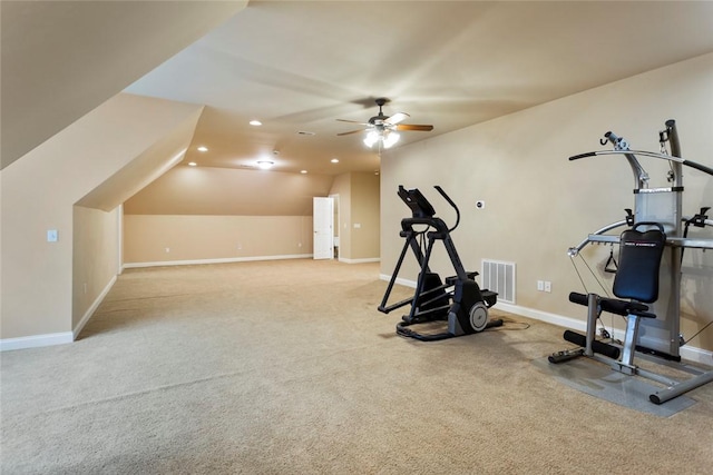 workout area featuring visible vents, a ceiling fan, recessed lighting, carpet, and vaulted ceiling