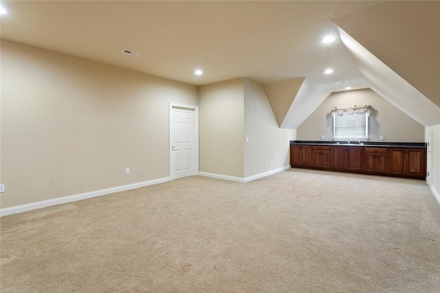 bonus room with light colored carpet, recessed lighting, visible vents, and baseboards