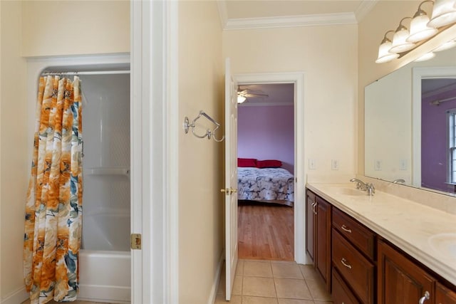 ensuite bathroom with a sink, shower / tub combo, crown molding, double vanity, and tile patterned flooring