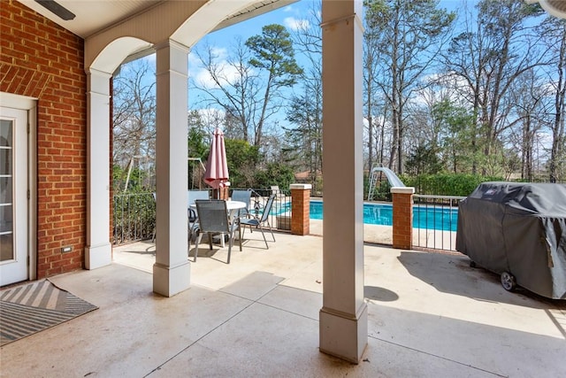 view of patio / terrace with a fenced in pool and area for grilling