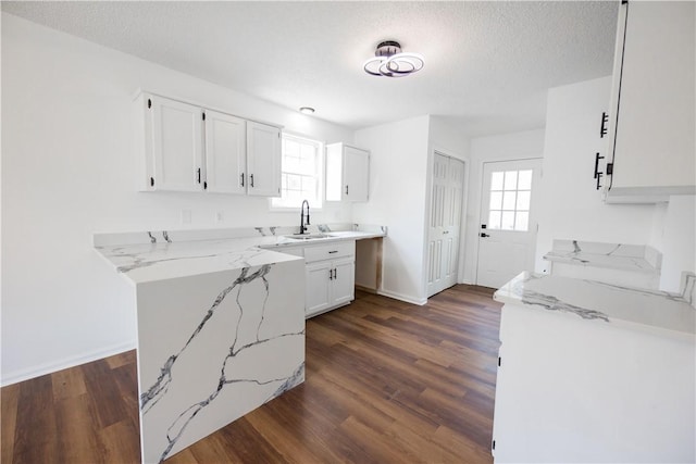 kitchen featuring white cabinetry, dark wood-type flooring, and light stone countertops