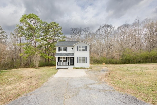 view of front of house with a porch, crawl space, driveway, and a front lawn