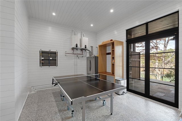 rec room featuring wood ceiling, recessed lighting, and speckled floor