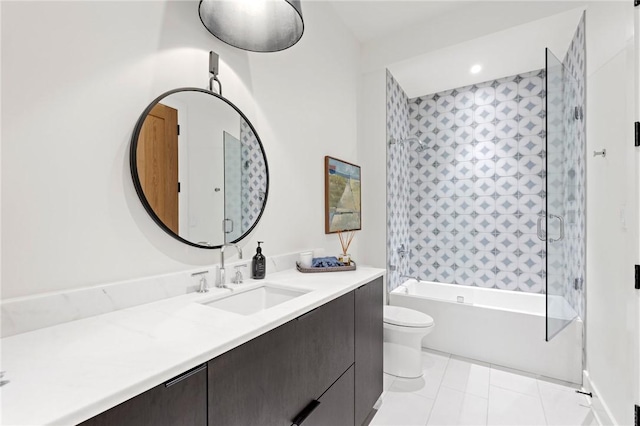 full bathroom featuring tile patterned flooring, shower / tub combination, toilet, and vanity