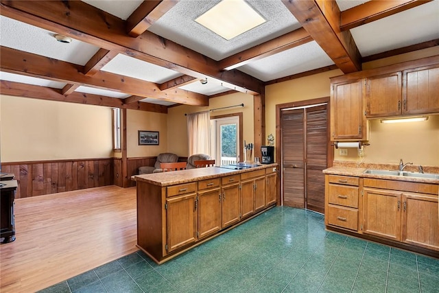 kitchen with a wainscoted wall, a sink, coffered ceiling, a peninsula, and black electric cooktop