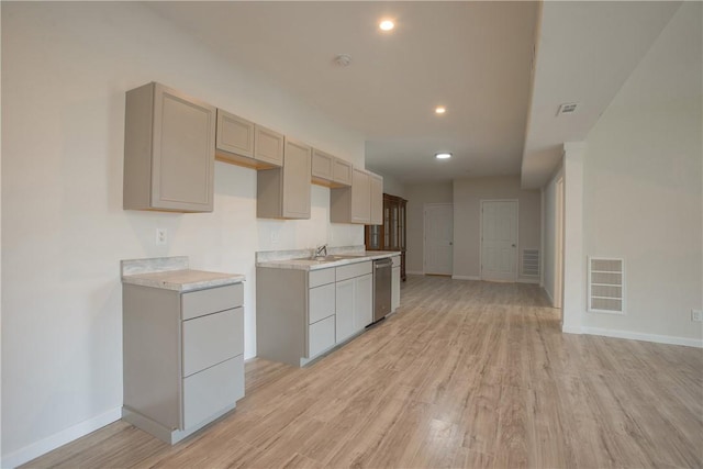 kitchen featuring dishwasher, baseboards, visible vents, and light wood finished floors