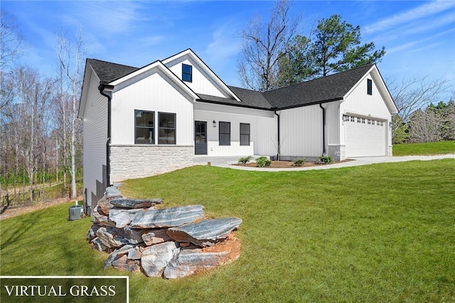 modern inspired farmhouse with cooling unit, driveway, an attached garage, a front lawn, and stone siding