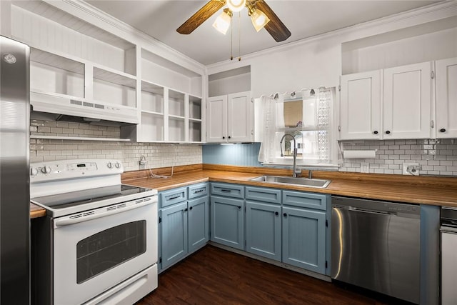 kitchen with blue cabinetry, a sink, stainless steel appliances, under cabinet range hood, and butcher block counters