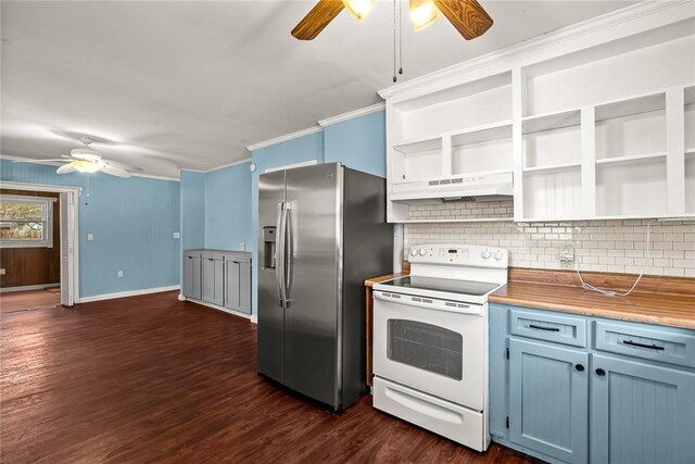 kitchen featuring under cabinet range hood, open shelves, white electric range oven, stainless steel fridge, and ceiling fan