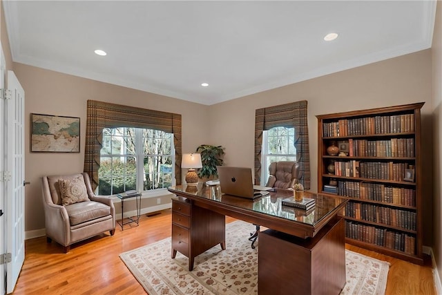 523 Heron Cove Cir, Seneca, SC 29672 - office area with light wood-style floors, crown molding, baseboards, and recessed lighting