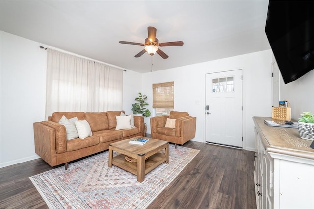 107 Berkley Ave, Greenville, SC 29609 - living room with baseboards, a ceiling fan, and dark wood-style flooring