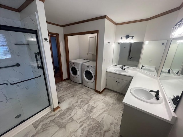 236 Issaqueena Dr, Central, SC 29630 - full bath with washing machine and clothes dryer, a marble finish shower, vanity, marble finish floors, and crown molding