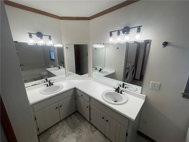 236 Issaqueena Dr, Central, SC 29630 - full bathroom with washer and clothes dryer, crown molding, marble finish floors, double vanity, and a shower