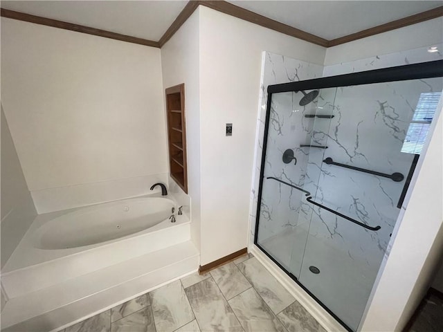 236 Issaqueena Dr, Central, SC 29630 - bathroom featuring a bath, a marble finish shower, crown molding, and marble finish flooring