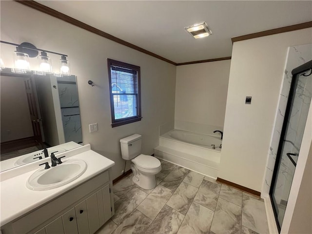 236 Issaqueena Dr, Central, SC 29630 - full bath featuring crown molding, a garden tub, marble look tiles, vanity, and a stall shower