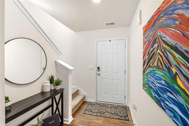 511 Oakmont Valley Trl, Seneca, SC 29678 - entryway with stairs, visible vents, baseboards, and wood finished floors