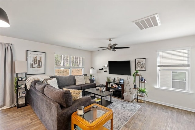 511 Oakmont Valley Trl, Seneca, SC 29678 - living room with light wood-style flooring, ceiling fan, baseboards, and visible vents