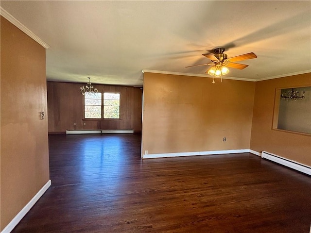 spare room featuring baseboard heating, ceiling fan with notable chandelier, wood finished floors, and ornamental molding