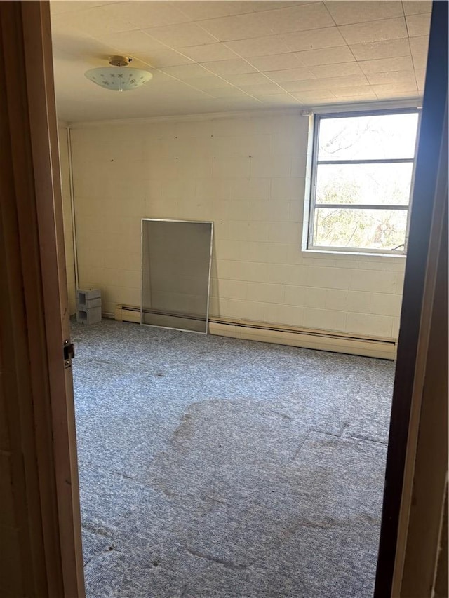 spare room featuring carpet and concrete block wall