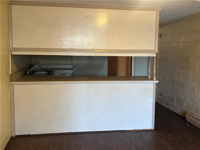 interior space with a sink, wood finished floors, and concrete block wall