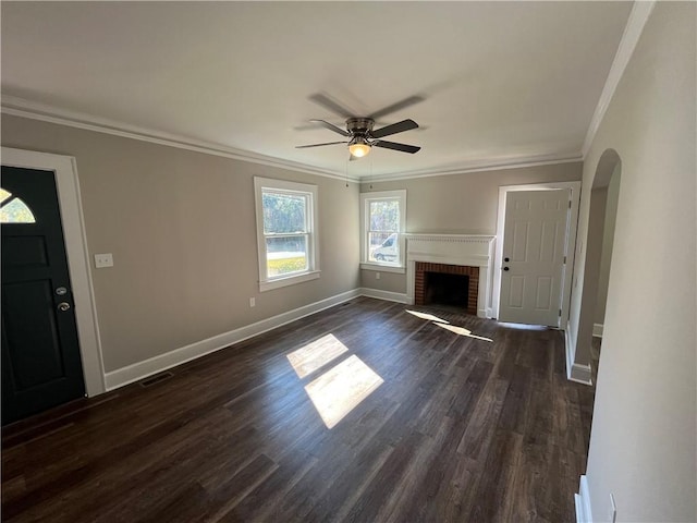 304 Oak Dr, Anderson, SC 29625 - unfurnished living room featuring a ceiling fan, dark wood-style flooring, baseboards, and visible vents