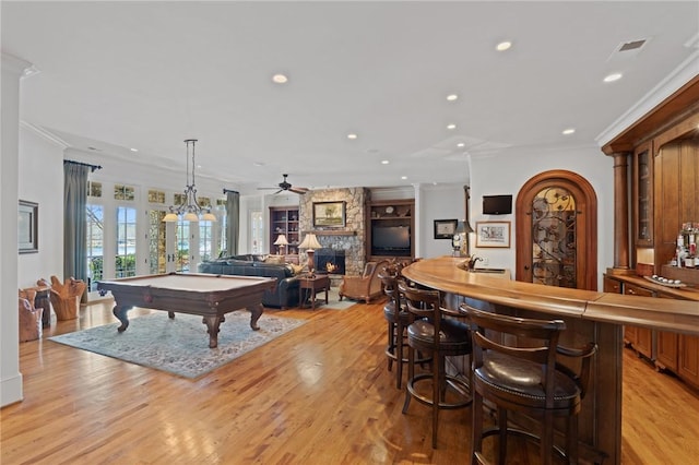 136 Blue Water Trl, Salem, SC 29676 - game room with light wood finished floors, ornamental molding, bar, billiards, and a ceiling fan