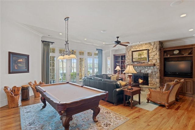 136 Blue Water Trl, Salem, SC 29676 - game room featuring pool table, a fireplace, crown molding, and light wood-style floors