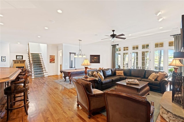 136 Blue Water Trl, Salem, SC 29676 - living area with stairs, recessed lighting, light wood-style flooring, billiards, and a ceiling fan
