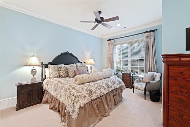 136 Blue Water Trl, Salem, SC 29676 - bedroom with visible vents, light carpet, a ceiling fan, and crown molding