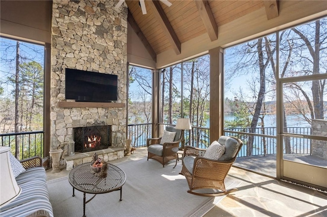 136 Blue Water Trl, Salem, SC 29676 - sunroom / solarium featuring beam ceiling, wooden ceiling, and high vaulted ceiling
