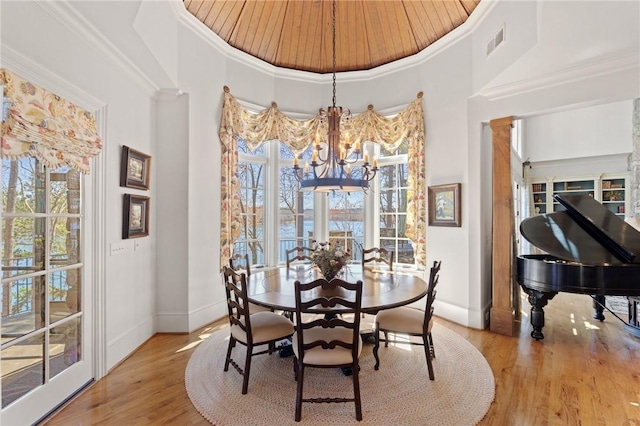 136 Blue Water Trl, Salem, SC 29676 - dining space with visible vents, ornamental molding, plenty of natural light, wood finished floors, and an inviting chandelier