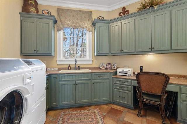 136 Blue Water Trl, Salem, SC 29676 - laundry room with cabinet space, independent washer and dryer, ornamental molding, and a sink