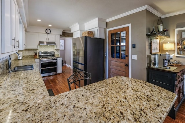 115 Pine Forest Dr, Easley, SC 29642 - kitchen with a sink, under cabinet range hood, backsplash, appliances with stainless steel finishes, and light stone countertops