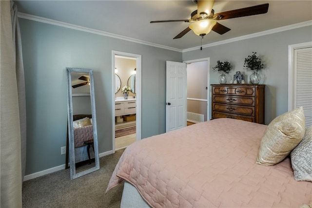 115 Pine Forest Dr, Easley, SC 29642 - carpeted bedroom featuring ceiling fan, ensuite bathroom, crown molding, and baseboards