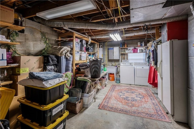 115 Pine Forest Dr, Easley, SC 29642 - unfinished basement with a sink, white refrigerator with ice dispenser, and separate washer and dryer